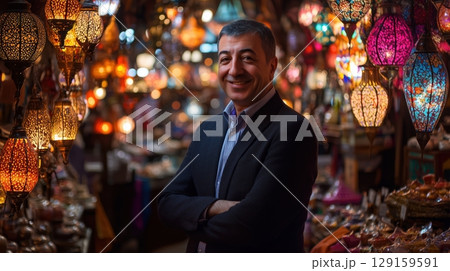 モザイクランプと男性店主の温かな笑顔 129159591