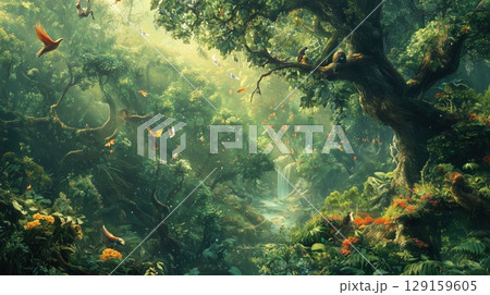 魔法のような光に包まれた幻想的な森の風景 魔法のような光に包まれた幻想的な森の風景 129159605