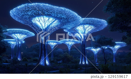 夜に光る未来型バイオ発光樹の森 夜に光る未来型バイオ発光樹の森 129159617