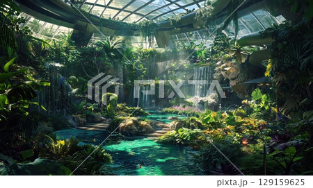 近未来の温室都市と生きたジャングル空間 129159625