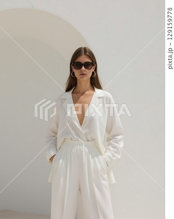 Stylish Woman in White Suit and Sunglasses Outdoors 129159778