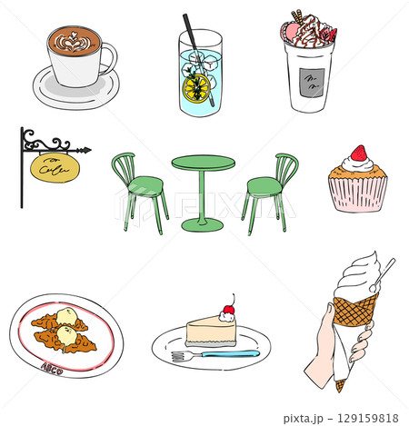 オシャレなカフェのスイーツセットイラスト・ラベルデザイン・挿絵 129159818