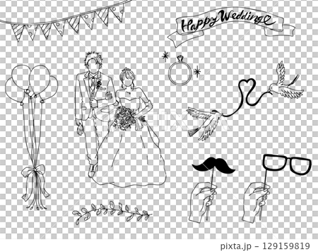 お洒落な結婚式の線画アイコンセット・ウェディング・招待状デザイン・挿絵 129159819