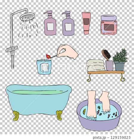 Stylish bath accessory icon set, bathroom, relaxation, label, illustration 129159823