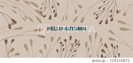 Autumn horizontal background with abstract fall leaves, twigs. Autumn minimalist design template for sales, horizontal poster, header, fashion ad, decor. Vector 129159872