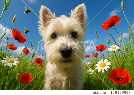 Adorable Westie in Meadow with Flowers and Blue Sky 129159992