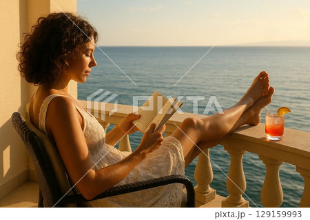 Woman with Curly Hair Relaxing on Balcony Overlooking Blue Sea 129159993