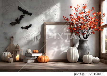 Minimal mockup of a blank Halloween sale poster surrounded by festive decorations. Ideal for advertisements and seasonal promotions. 129160036