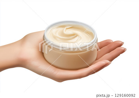 open jar with face cream in a woman's hand 129160092
