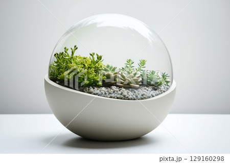 A minimalist terrarium with tiny succulents inside, placed on a clean white surface, modern and eco-friendly 129160298