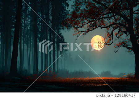 Mysterious Halloween scene with haunted house and moonlight. Designed with open space for text or product placement. 129160417