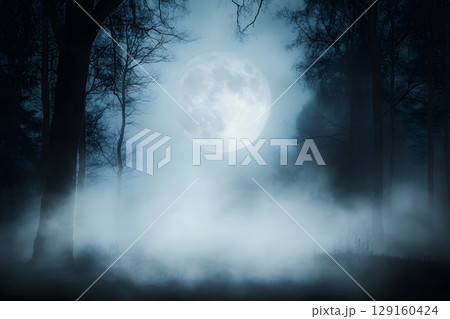 Mysterious Halloween scene with haunted house and moonlight. Designed with open space for text or product placement. Mysterious Halloween scene with haunted house and moonlight. Designed with open space for text or product placement. 129160424