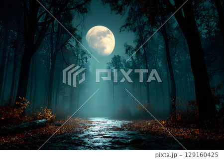 Mysterious Halloween scene with haunted house and moonlight. Designed with open space for text or product placement. 129160425
