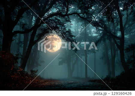 Mysterious Halloween scene with haunted house and moonlight. Designed with open space for text or product placement. 129160426