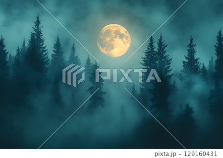 Mysterious Halloween scene with haunted house and moonlight. Designed with open space for text or product placement. Mysterious Halloween scene with haunted house and moonlight. Designed with open space for text or product placement. 129160431