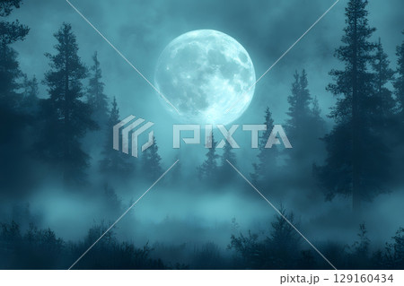 Mysterious Halloween scene with haunted house and moonlight. Designed with open space for text or product placement. 129160434