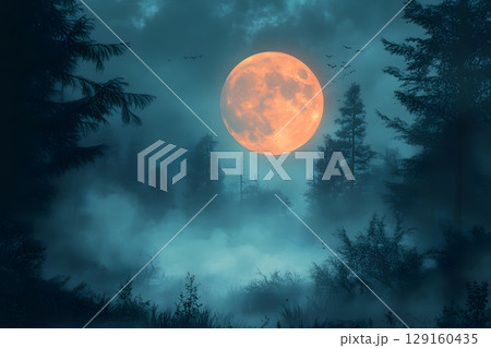 Mysterious Halloween scene with haunted house and moonlight. Designed with open space for text or product placement. 129160435