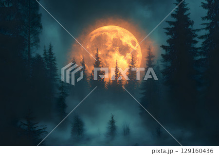 Mysterious Halloween scene with haunted house and moonlight. Designed with open space for text or product placement. 129160436