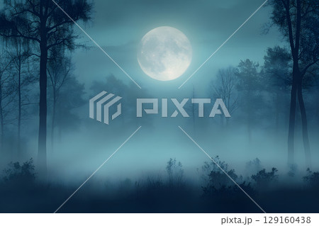 Mysterious Halloween scene with haunted house and moonlight. Designed with open space for text or product placement. 129160438