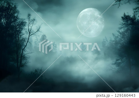 Mysterious Halloween scene with haunted house and moonlight. Designed with open space for text or product placement. Mysterious Halloween scene with haunted house and moonlight. Designed with open space for text or product placement. 129160443