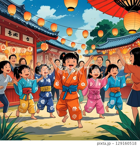 祭りの屋台で遊ぶ子ども 129160518
