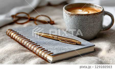 clean flat lay of a workspace with a notebook, pen, coffee cup, and glasses. Perfect for blogs, social media, and advertising visuals. 129160563