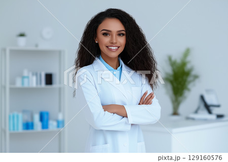 Female cosmetologist in a clean white coat, smiling while standing in a beautifully lit clinic environment 129160576