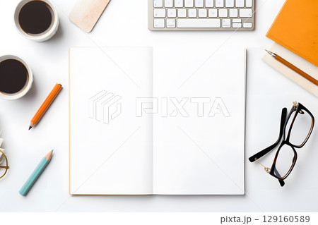 clean flat lay of a workspace with a notebook, pen, coffee cup, and glasses. Perfect for blogs, social media, and advertising visuals. 129160589