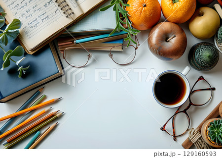 clean flat lay of a workspace with a notebook, pen, coffee cup, and glasses. Perfect for blogs, social media, and advertising visuals. 129160593