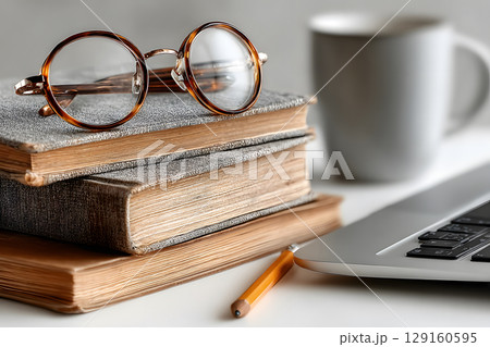 clean flat lay of a workspace with a notebook, pen, coffee cup, and glasses. Perfect for blogs, social media, and advertising visuals. 129160595