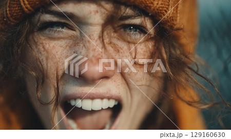Close-up portrait of a woman with expressive face and freckles, shouting or laughing. 129160630