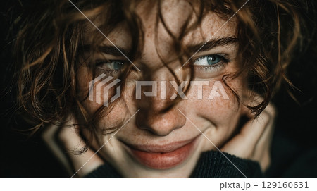 Close-up of a happy young woman with freckles and curly hair. She smiles. 129160631