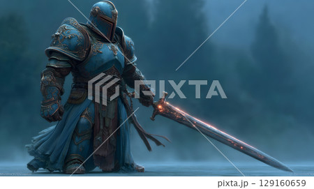 fantasy warrior character with shining armor and glowing sword. Perfect for games, novels, NFTs, and creative digital art. 129160659