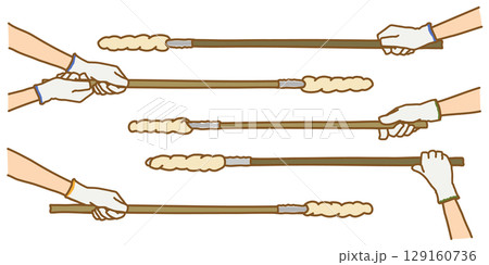 焼く前の棒パンを軍手をつけた手で持つイラストセット 129160736
