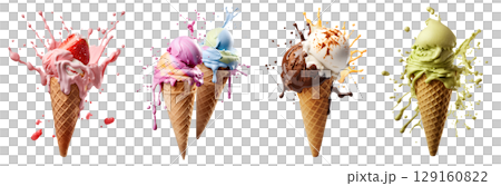Set of Ice cream scoop on waffle cone flying splash explosion with sprinkles cream topping frosting on transparent background cutout, PNG file. Many assorted different. Mockup template for artwork 129160822