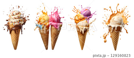 Set of Ice cream scoop on waffle cone flying splash explosion with sprinkles cream topping frosting on transparent background cutout, PNG file. Many assorted different. Mockup template for artwork 129160823