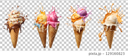 Set of Ice cream scoop on waffle cone flying splash explosion with sprinkles cream topping frosting on transparent background cutout, PNG file. Many assorted different. Mockup template for artwork 129160823