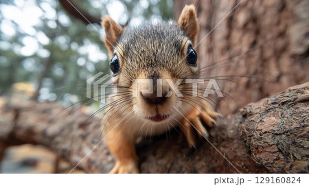 Curious squirrel with big eyes, whiskers, looking direct on tree branch. 129160824