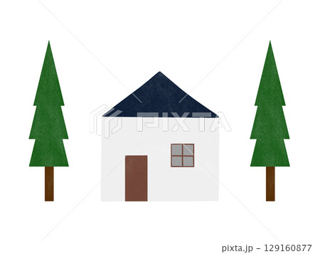 青色の屋根の家と木のイラストのセット 129160877