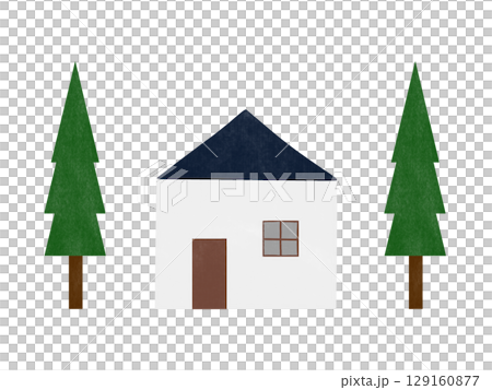 青色の屋根の家と木のイラストのセット 129160877