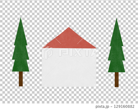赤色の屋根の家と木のイラストのセット 赤色の屋根の家と木のイラストのセット 129160882