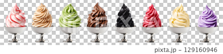 Soft serve Yoghurt Ice cream swirl on retro metal stainless steel dessert bowl on transparent background cutout, PNG file. Many assorted different flavour Mockup template for artwork design 129160946