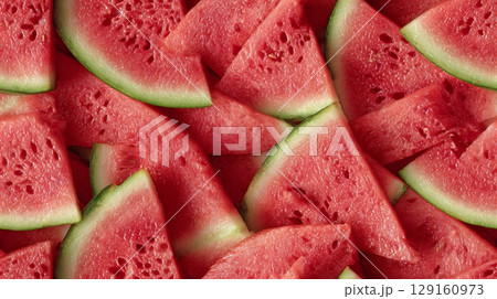 A vibrant background texture of many fresh, juicy red watermelon slices with green rinds. Seamless tile. 129160973