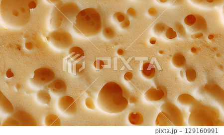 Detailed view of yellow Emmental cheese with many holes, tasty background. Seamless tile. 129160991