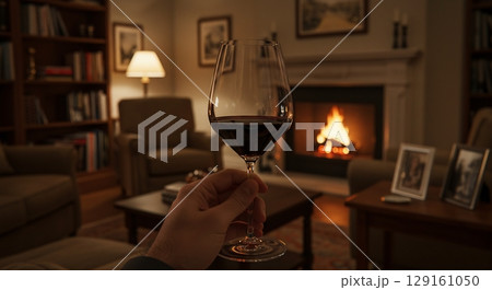 Hand holding a glass of red wine in a cozy living room with a fireplace. 129161050