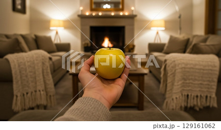 A person's hand holds a vibrant yellow apple in a cozy, blurred living room with a fireplace. A person's hand holds a vibrant yellow apple in a cozy, blurred living room with a fireplace. 129161062