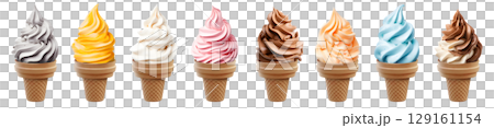 Soft serve Yoghurt Ice cream swirl on cake cone on transparent background cutout, PNG file. Many assorted different flavour Mockup template for artwork design 129161154
