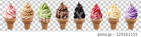 Soft serve Yoghurt Ice cream swirl on cake cone on transparent background cutout, PNG file. Many assorted different flavour Mockup template for artwork design 129161155