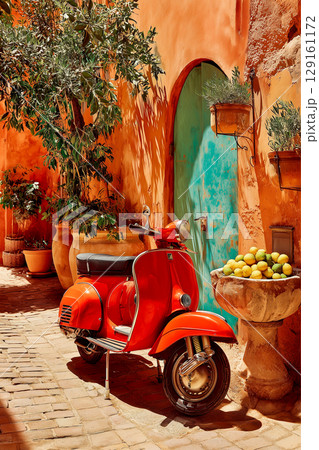 A red scooter is parked in front of a blue door A red scooter is parked in front of a blue door 129161172