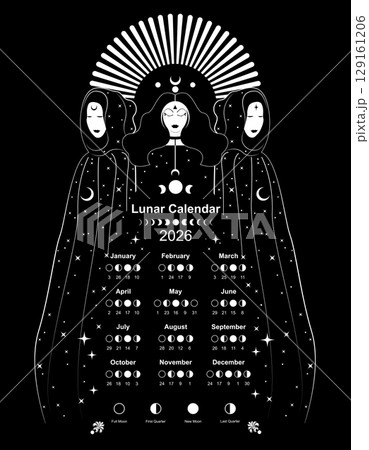 Wiccan Moon calendar 2026 and Moon Phases. Lunar phases schedule and cycles, Mystical triple goddess, priestesses. Gothic Witch wicca female sacred design. Black background 129161206